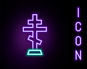 Glowing neon line Christian cross icon isolated on black background. Church cross. Colorful outline concept. Vector.