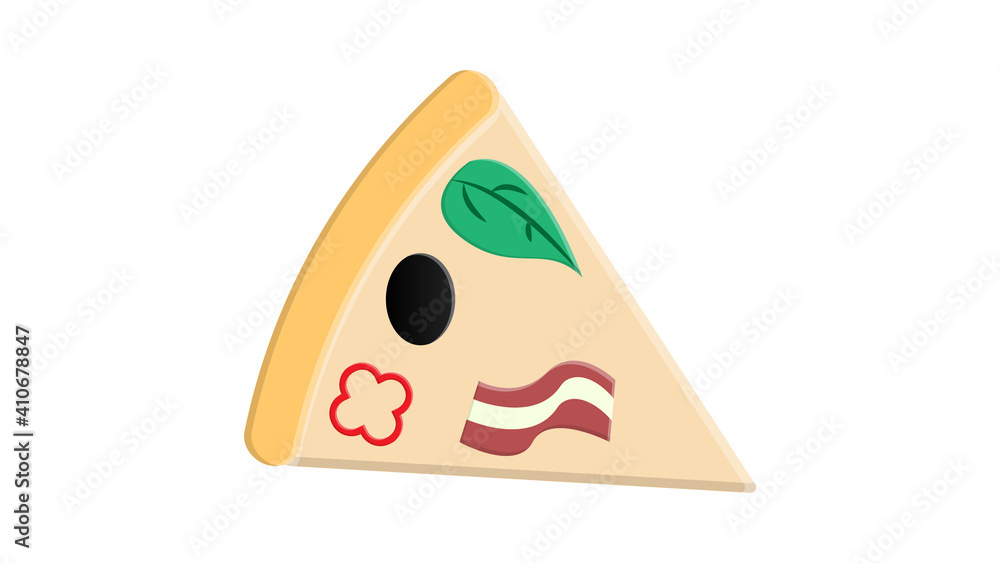 Poster triangle pizza slice with fresh vegetables and crispy crust. tasty fast food. flat vector element fo