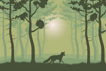 Selbstklebende Fototapeten Bäume Pflanzen und Fuchs in grüner Waldlandschaftsszene © Gstudio
