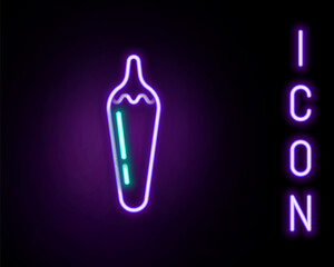 Glowing neon line Hot chili pepper pod icon isolated on black background. Design for grocery, culinary products, seasoning and spice package, cooking book. Colorful outline concept. Vector.