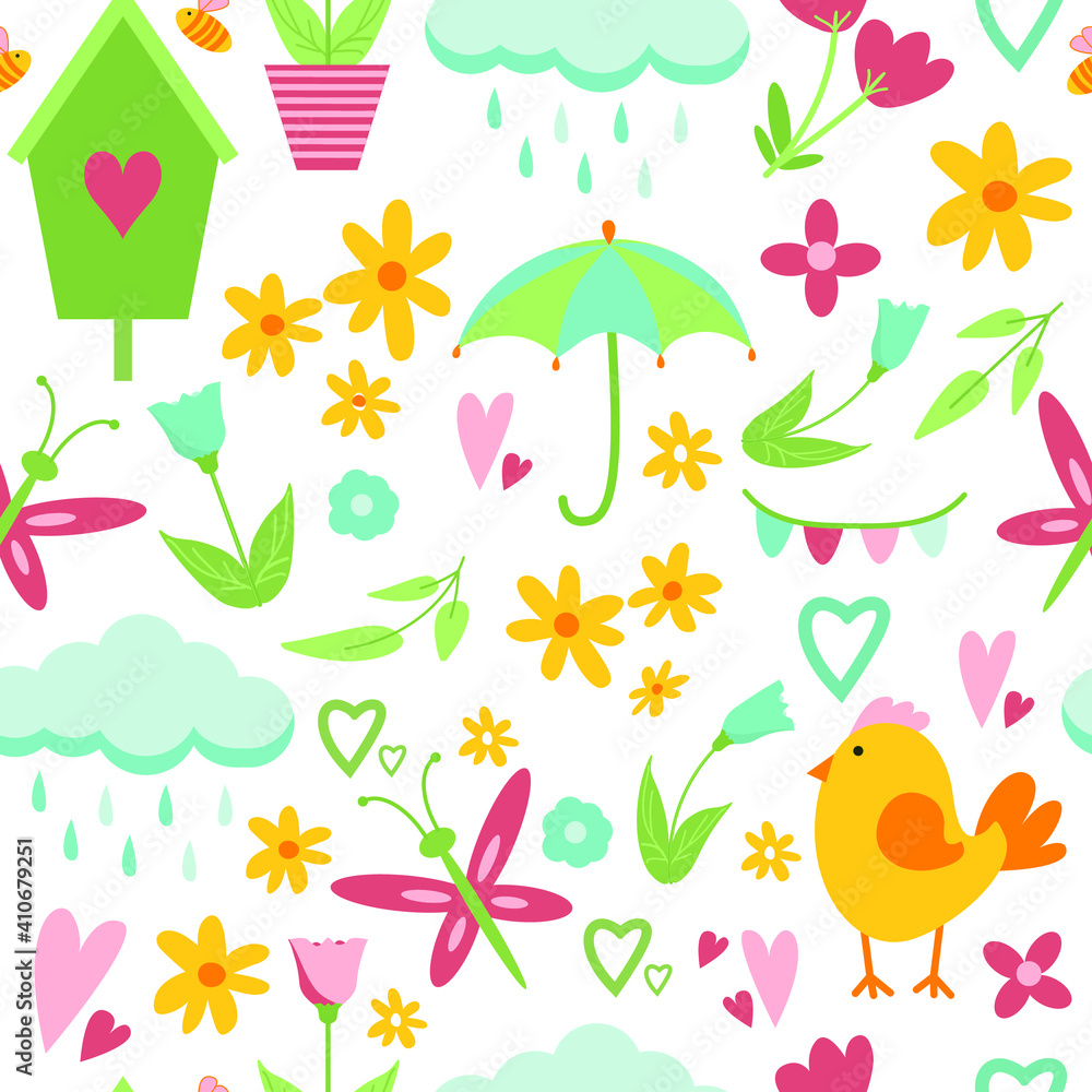 Poster seamless pattern background with spring easter clip art set in simple flat hand drawn style. vector 