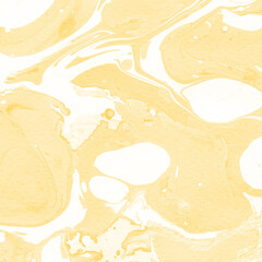 Yellow luxury marble ink texture on watercolor paper background. Marble stone image. Bath bomb effect. Psychedelic biomorphic art.