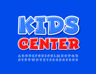 Vector colorful logo Kids Center. Blue Creative Font. Bright Alphabet Letters and Numbers.