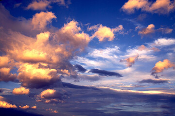 Naklejka na ściany i meble Background, sunset, sky with colored clouds, horizontal, no people,