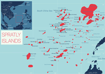 Spratly Island detailed editable map with cities and towns. Vector EPS-10 file