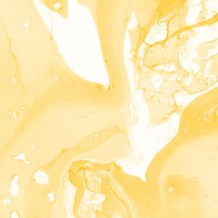 Yellow luxury marble ink texture on watercolor paper background. Marble stone image. Bath bomb effect. Psychedelic biomorphic art.