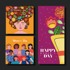 international womens day letterings cards with girls and flowers