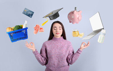 Calm happy woman and different objects around her on light grey background. Balance in life