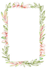 Hand drawn frame border with pink and green leaves on white background