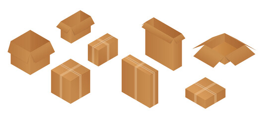 Fototapeta premium Isometric carton packaging opened and closed box set of different size. Vector illustration isolated on white.