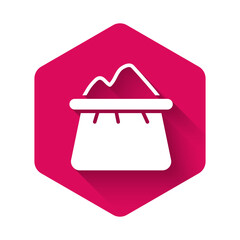 White Bag of flour icon isolated with long shadow background. Pink hexagon button. Vector.
