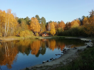 Autumn forest lake in Ural forest. Nature background. Copy space