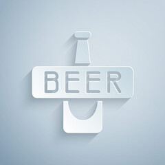 Paper cut Beer bottle icon isolated on grey background. Paper art style. Vector.
