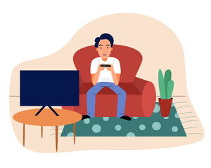 A young man plays a Playstation game, TV. The rest of the house. Stay At Home, Quarantine.Positive Cheerful. Flat Vector Illustration
