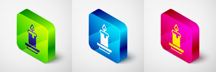 Isometric Aroma candle icon isolated on grey background. Square button. Vector.