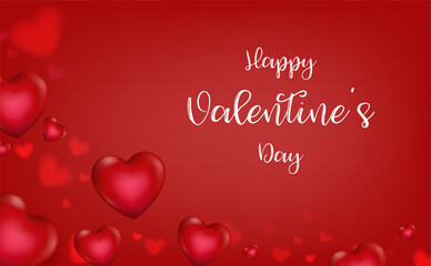 Happy Valentine’s day lettering with red heart with bokeh on red background. Concept for Valentine day greeting card in vector illustration.