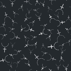 Grey Christian cross on chain icon isolated seamless pattern on black background. Church cross. Vector.