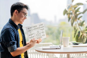 Smart positive smile asian male businessman video conference remote working  discuss concersation about strategy business planing new business startup ideas concept,business meeting online via laptop