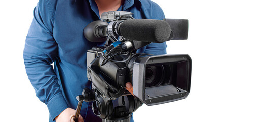 Videographer. A man with a large video camera on a white background.