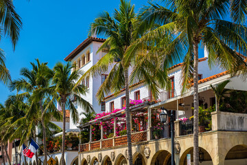 Cityscape view of the the popular and luxurious Worth Avenue shopping district in Palm Beach, Florida