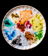 Color palette mixes watercolors dish to prepare pigments, tool for art and creativity.