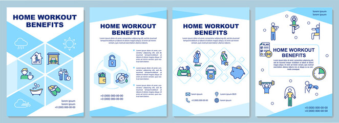Naklejka premium Home workout benefits brochure template. Home exercising advantages. Flyer, booklet, leaflet print, cover design with linear icons. Vector layouts for magazines, annual reports, advertising posters