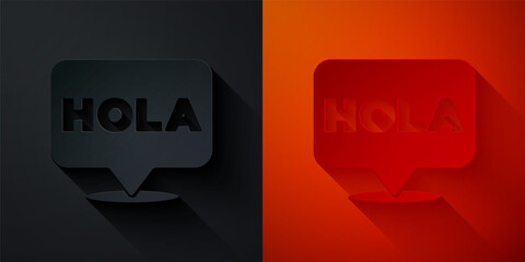 Paper cut Hola icon isolated on black and red background. Paper art style. Vector. © vector_v