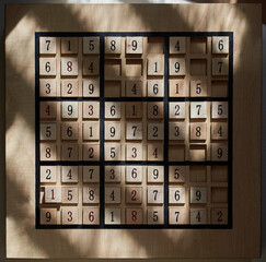 Playing a wood Sudoku game board with puzzle in progress stock photo