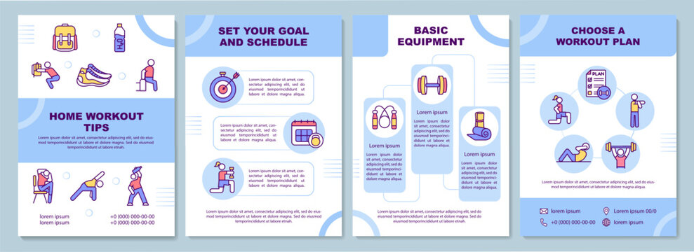 Home workout tips brochure template. Set your goal and schedule. Flyer, booklet, leaflet print, cover design with linear icons. Vector layouts for magazines, annual reports, advertising posters