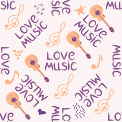 Love music seamless pattern with country guitar, music notes, treble clef, hearts, decorative elements.