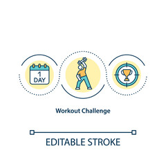 Workout challenge concept icon. Setting workout goal for specific period of time. Motivation to improve yourself idea thin line illustration. Vector isolated outline RGB color drawing. Editable stroke