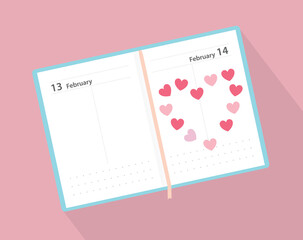 open calendar with 14 february Valentine's Day date and heart - vector illustration