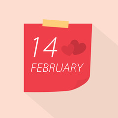 reminder paper note with Valentine's Day, 14 february date- vector illustration