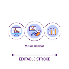 Virtual workout concept icon. Remote trainer video of how to exercise in right way. Pandemic gym idea thin line illustration. Vector isolated outline RGB color drawing. Editable stroke