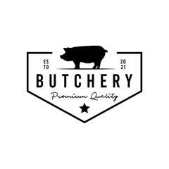 Pig, pork. Vintage, retro for Butchery, typography Pork, pig silhouette logo design