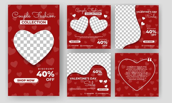Set of Editable square banners template. Valentine's day sale banner design with love decoration. Suitable for social media feed, story, banner, and web. Flat design vector with a photo collage.