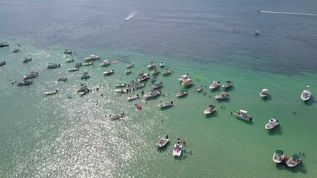 A Low Altitude Drone View (DJI Mavic Pro) Of Clear Turquoise Water, Tropical Paradise Vibes, And A Bunch Of Party Boats Anchored On Snipes Key Sandbar Near Key West In The Florida Keys.