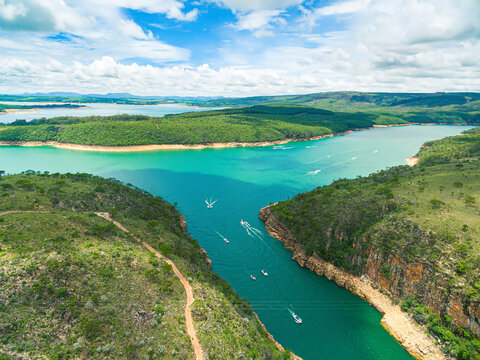 Aerial panoramic view at the Canyons of Furnas, boat rides and the Sea of Mines at Capit&oacute;lio - MG, Brazil. Brazilian tourist destination. 
