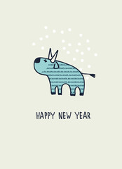 Happy New Year greeting card with ox, zodiac animal for 2021. Funny Chinese horoscope bull and hand-lettered greeting phrase