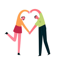 Happy couple makes a heart with their hands isolated on a white background. Cute, romantic Valentine's day card. Flat cartoon vector illustration.