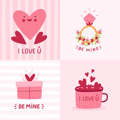 Set of cute, romantic Valentine's day card with Gift, hearts, cup and ring. Cartoon hand drawn vector illustration for card, invitation, poster.