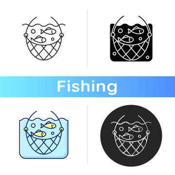 Fishing Net Icon. Commercial Fishing Gear. Harvesting Of Marine Food. Fishing Gear. Hobby, Leisure Activities. Fish Habitat. Industry. Linear Black And RGB Color Styles. Isolated Vector Illustrations