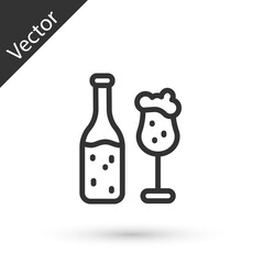 Grey line Beer bottle and glass icon isolated on white background. Alcohol Drink symbol. Vector.