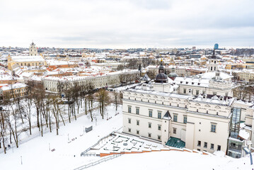 Aerial view of Vilnius old town, capital of Lithuania in winter day with snow
