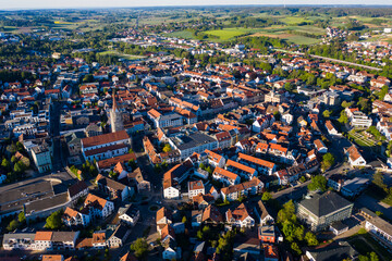 Aerial view of the city Pfaffenhofen an der Ilm in Germany, Bavaria on a sunny spring day late afternoon	