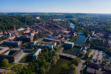 Aerial view of the city Landshut in Germany, Bavaria on a sunny late afternoon spring day	