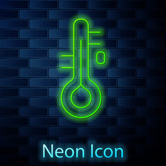 Glowing neon line Sauna thermometer icon isolated on brick wall background. Sauna and bath equipment. Vector.