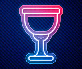 Glowing neon line Holy grail or chalice icon isolated on blue background. Christian chalice. Christianity icon. Vector.