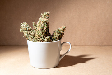 Medical marihuana buds inside a coffee cup. Selective focus on brown background.