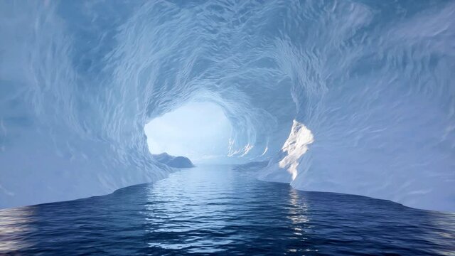 Traveling slowly through an ice cave and exiting the other side onto a beautiful ocean scene.